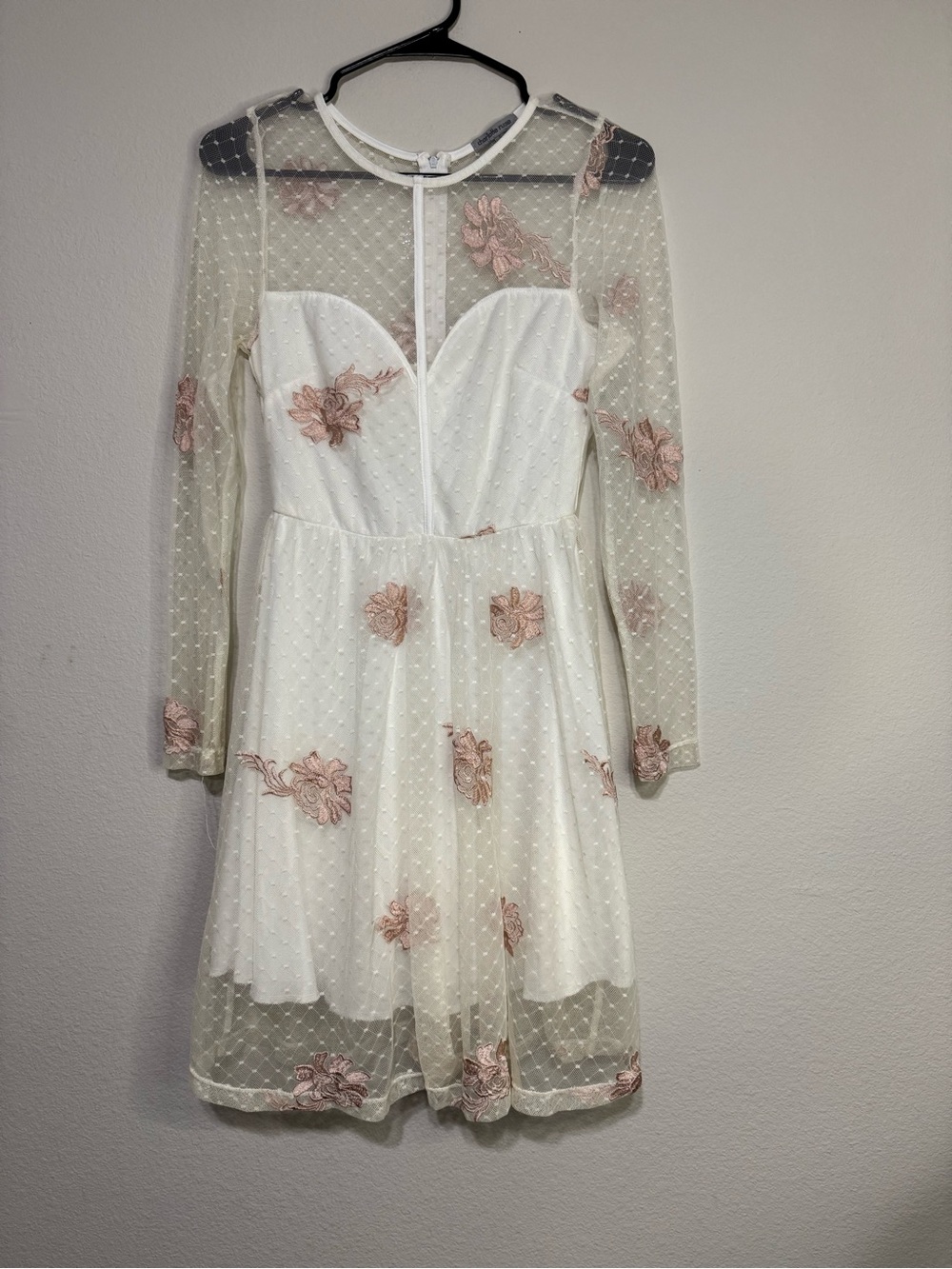Charlotte Russe Ivory Long Sleeve Dot Mesh Dress with Blush Floral Appliqué